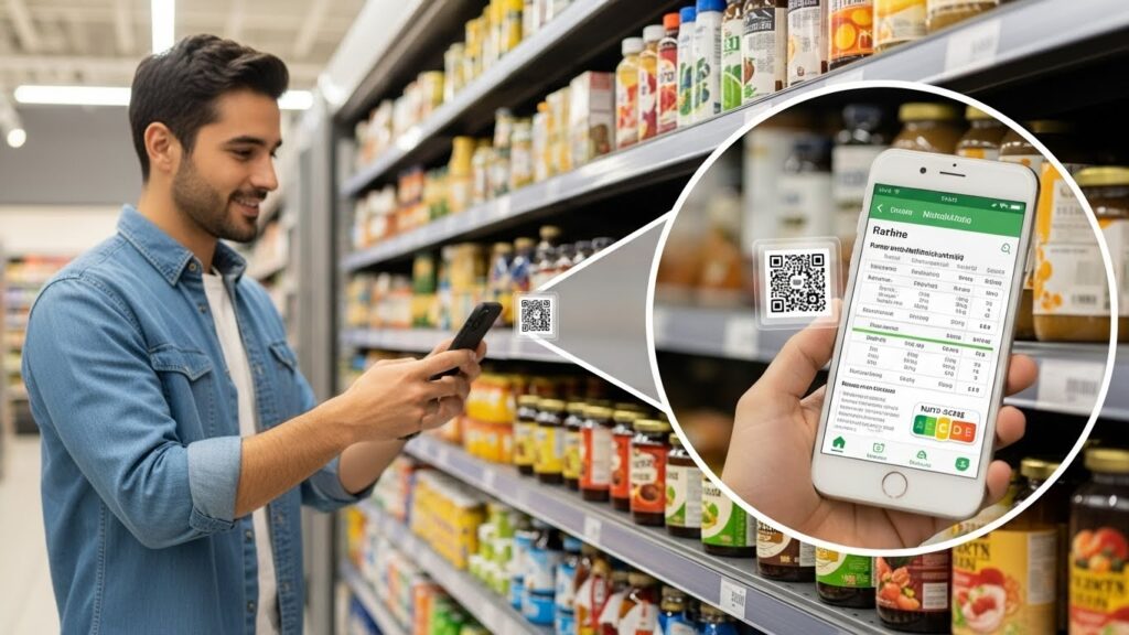 Persona utilizando el escáner de productos en el supermercado para consultar ingredientes y alérgenos de forma 100% anónima
