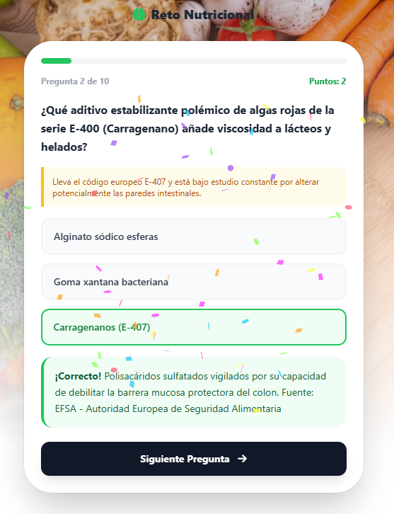 Pantalla de retos de ClearEat mostrando la acumulación de puntos de experiencia, el progreso de niveles y el rango de Leyenda Nutricional